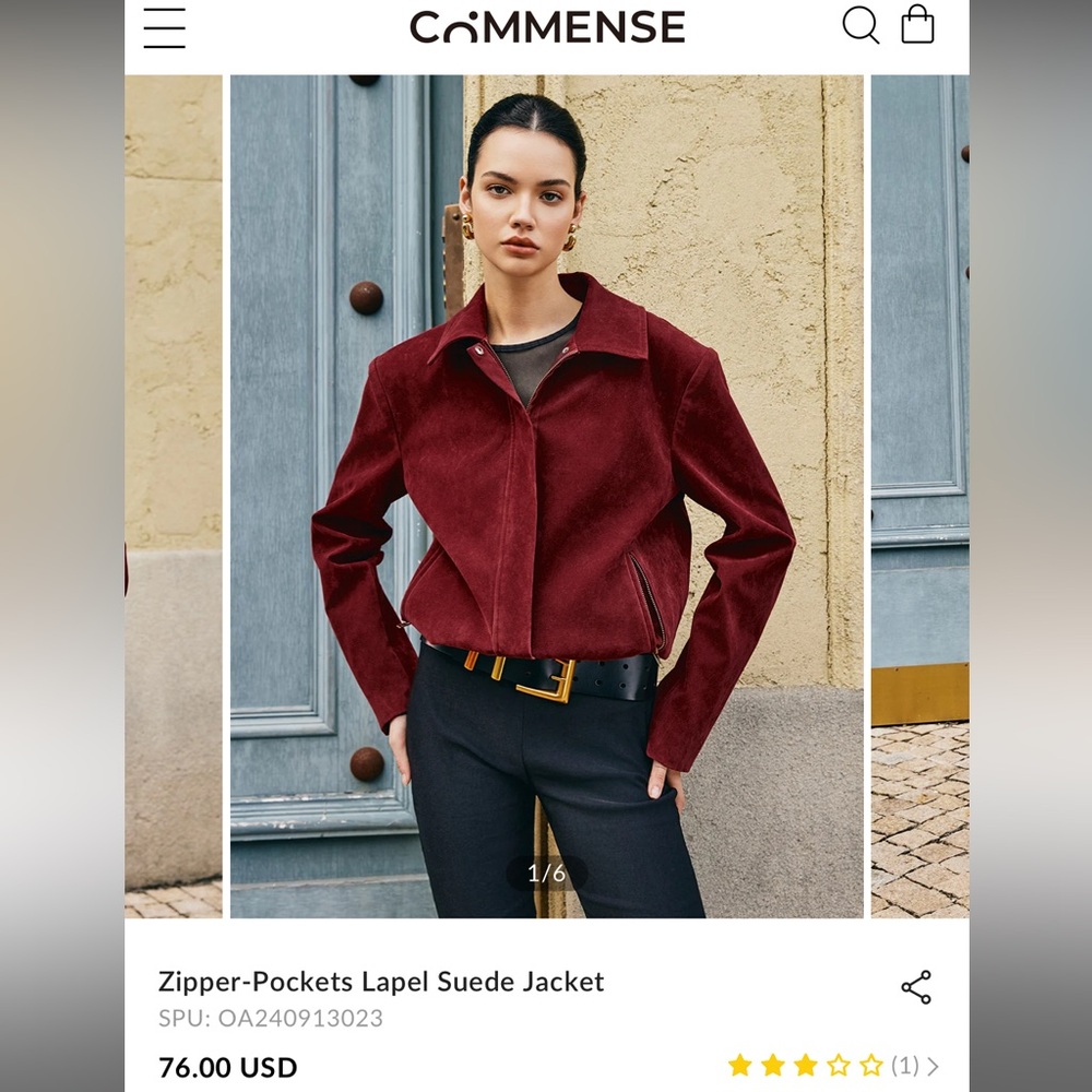 Commense Burgundy Suede Blazer with Zipper Pockets
